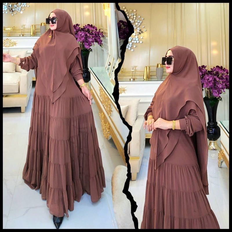 Gamis Syari Terbaru Baju Wanita Jumbo Shopiya Syari Set Khimar Bahan Ceruty Babydoll Full Furing Gaun Pesta Muslimah