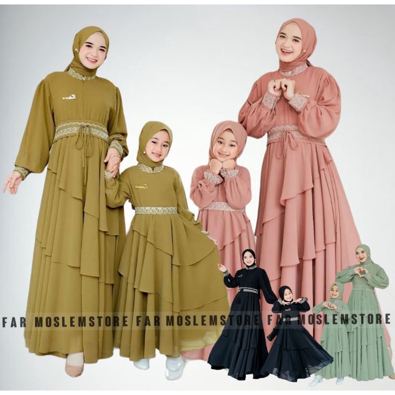 GAMIS COUPLE MOM &amp; KIDS CERUTY MIX RENDA/MIKAYLA SYARI SET HIJAB/DRESS MUSLIM LEBARAN/GAMIS SARIMBIT/FAR MOSLEMSTORE