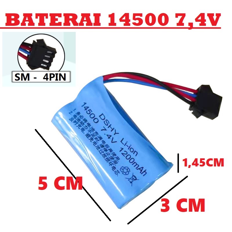 Baterai Mainan Anak/ RC/ Batrai Speaker &amp; Elektronik Lainnya 2X 14500 3000mAh 7.4V Protektor BMS 2S 4.5A SOKET HITAM 4 PIN MURAH