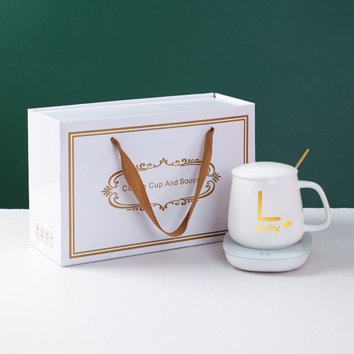 

SET MUG + Pemanas Free Box kado mewah hampers lebaran gelas keramik - Putih