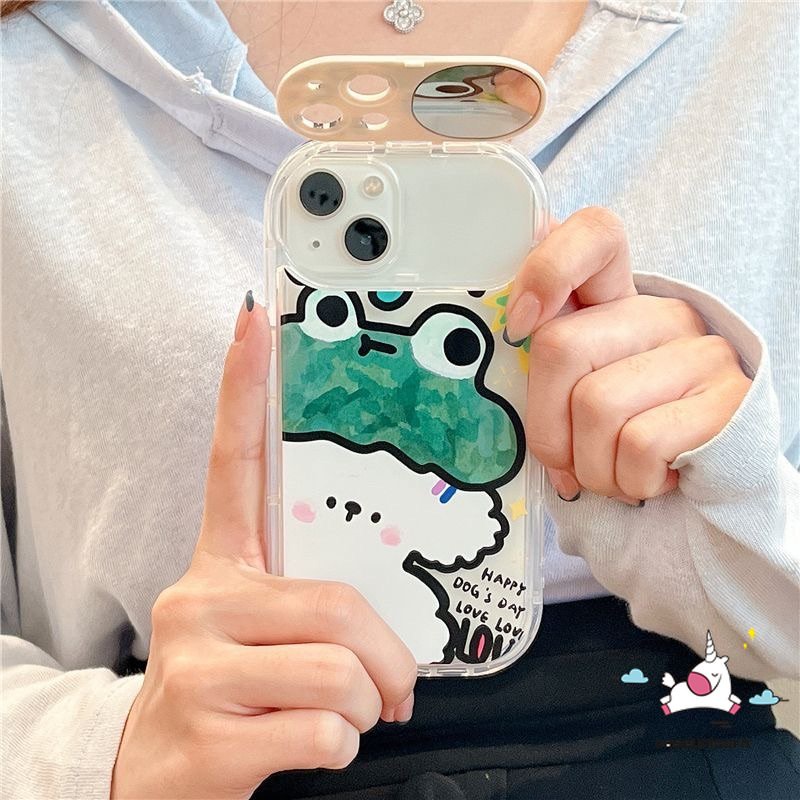 IPHONE Casing Ponsel Cermin Kompatibel Untuk Iphone11 14 13 12 Pro Max7 8 14 Plus XR X XS MAX SE 7plus Kartun Hewan Beruang Lucu Kodok Kelinci Anjing Kreatif Flip Make Up Cermin Lembut TPU Cover