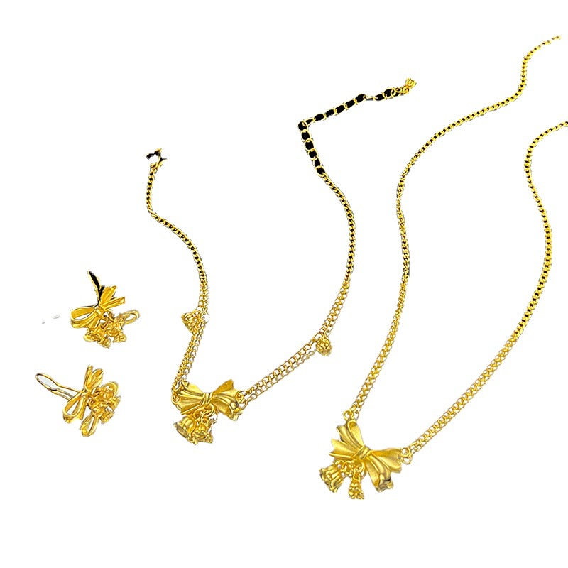 Goldkingdom Perhiasan Fashion 24 K Bangkok Aksesoris Ready Stock Segar Manis Bunga Tiga Potong Set Manis Dasi Lily of The Valley Gelang Busur