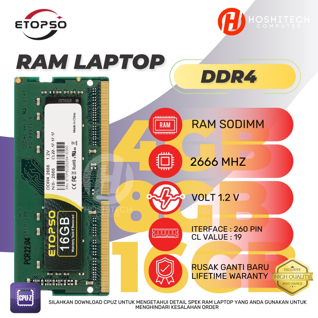 RAM LAPTOP DDR4 16GB 8GB 4GB ETOPSO SODIMM 2666 MHZ 1.2V LIFETIME