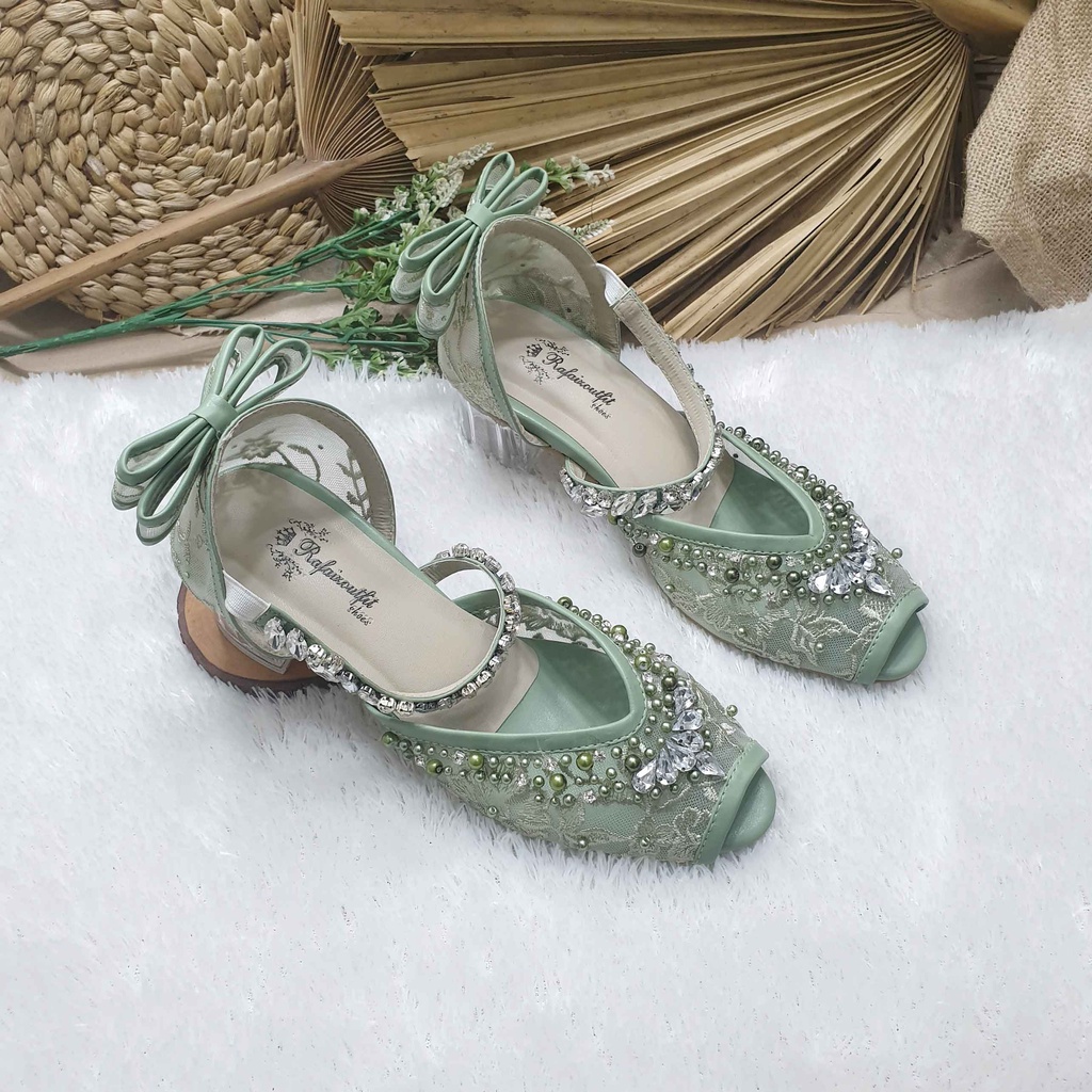 Sepatu wedding pesta cantik Lavanya hijau mint 5cm kaca