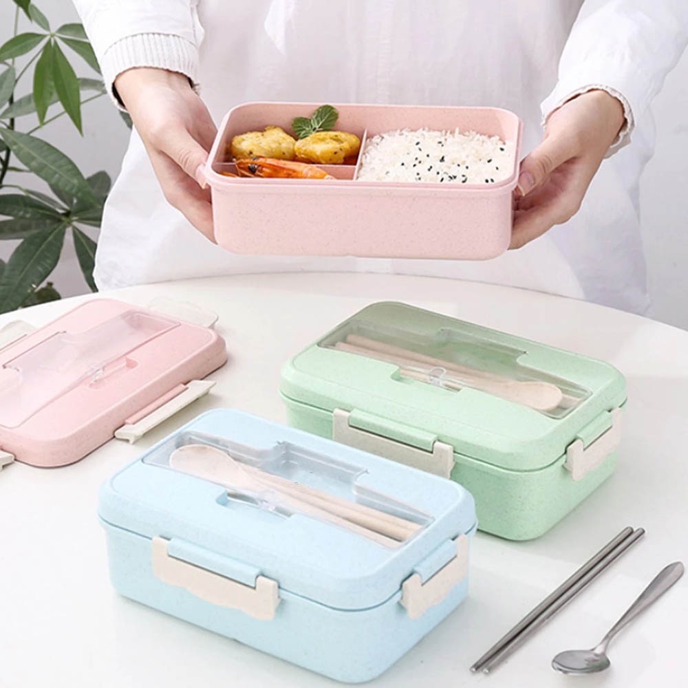 Tempat Makan Set Kotak Makan Bekal Lengkap Dengan odel Minimalis Tiga Sekat - Lunch Box Alat Makan Sendok Sumpit M Kotak TM232