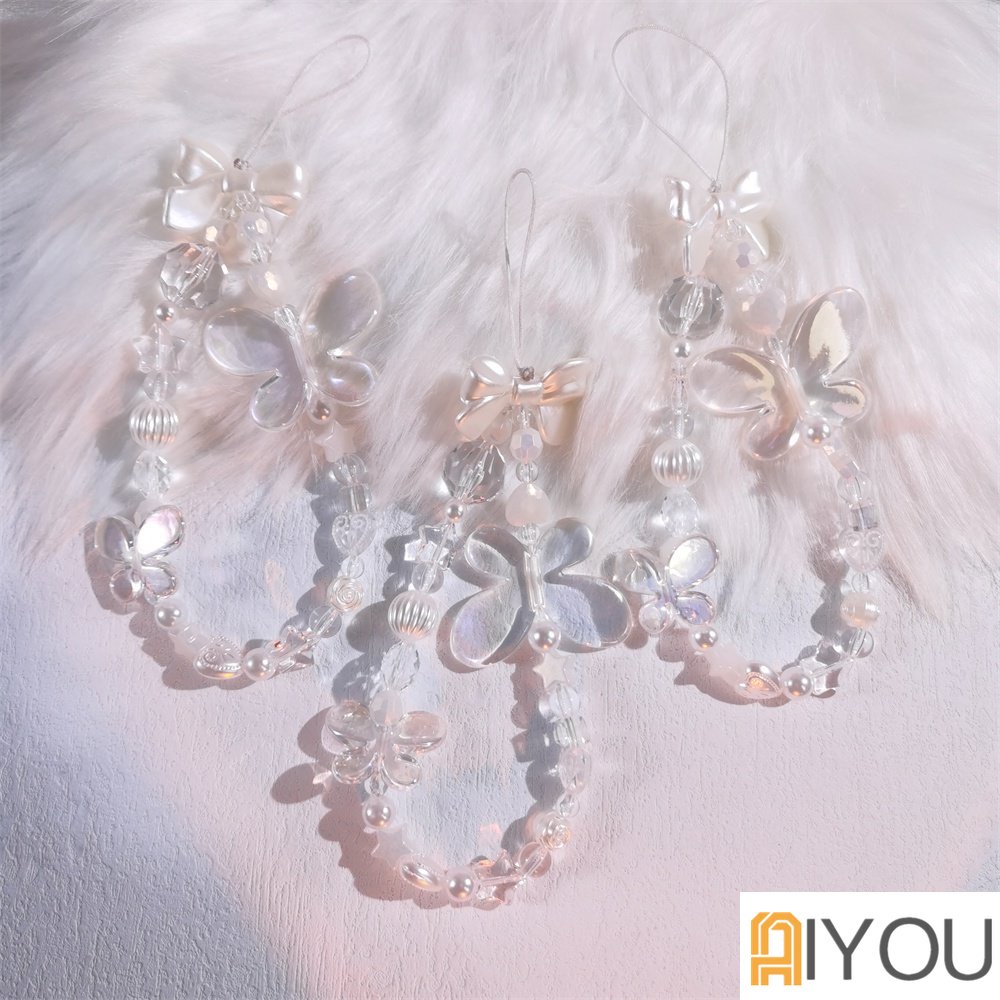 Ins Kupu-Kupu Mutiara Manik-Manik Bunga Ponsel Rantai Anti Hilang Tali Strap Lanyard Mutiara Manik Akrilik Warna-Warni Kasus Ponsel Kabel Gantung