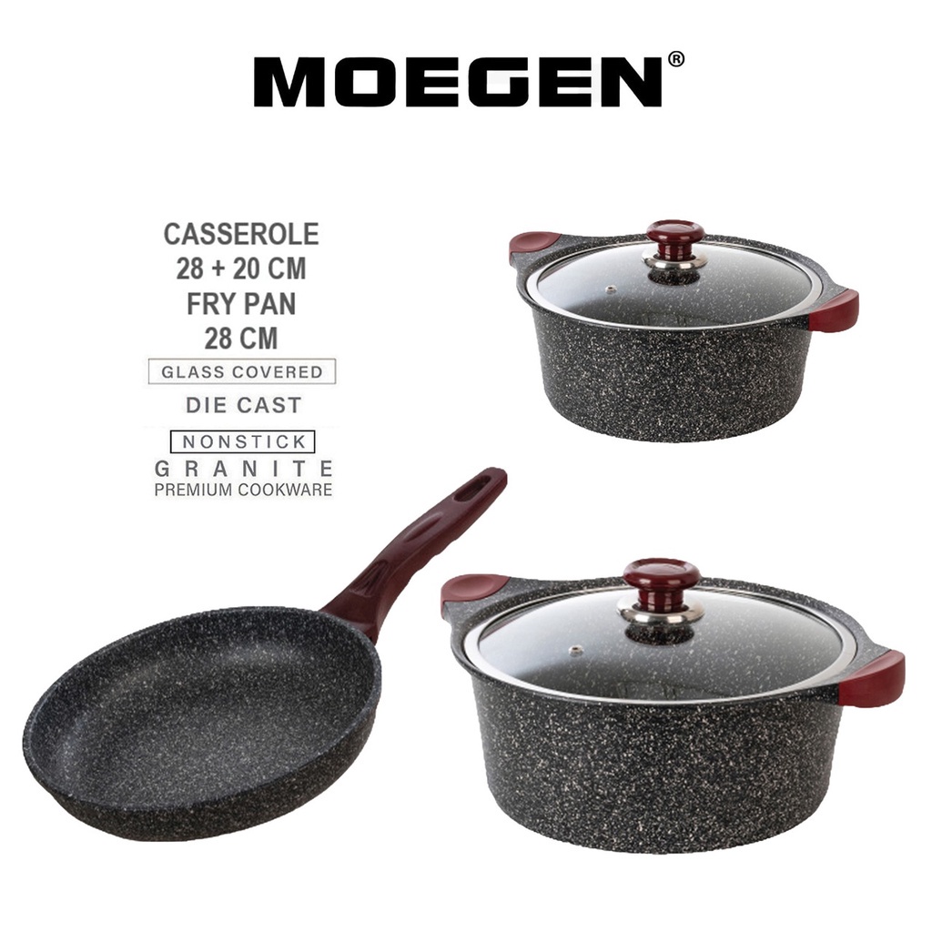 Moegen Germany 5 PCS Granite Series Casserole 20+28 cm &amp; Fry Pan 28 cm Anti Lengket