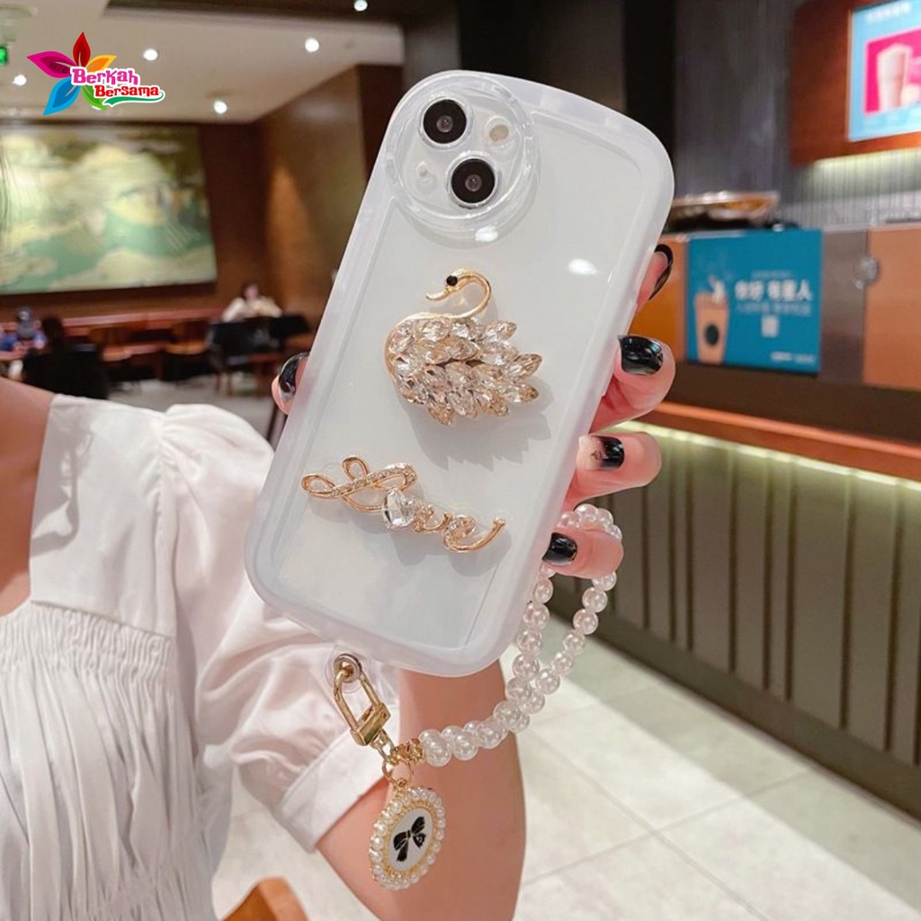 GC15 SOFTCASE WAVY GELOMBANG  CLEAR DIAMOND SWAN LANYARD FOR IPHONE 7 8 7+ 8+ X XS XR XS MAX 11 12 13 14 PRO MAX BB7735