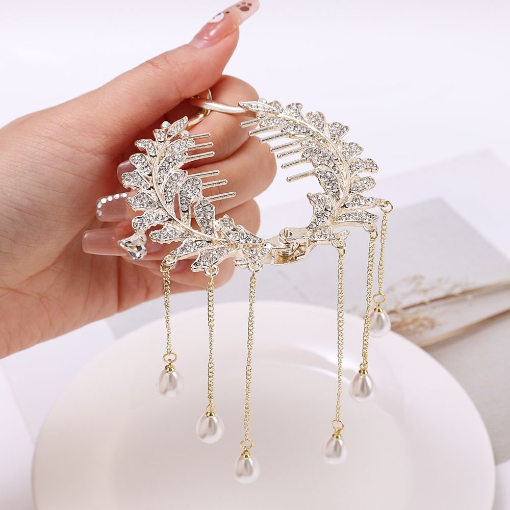 Mewah Berlian Imitasi Mengkilap Rumbai Ponytail Clip Hair Clip Vintage Pearl Hair Clip Bridal Hiasan Kepala Hiasan Rambut