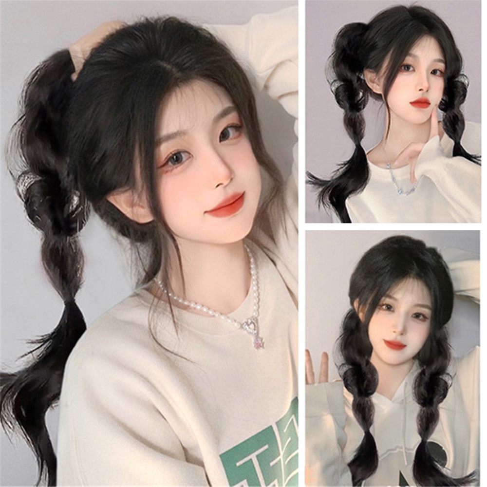 Y2k Manis Keren Gelembung Kepang double Ekor Kuda wig Berbulu Alami Imitasi Wanita Goreng Adonan Memutar Kepang wig 1pasang