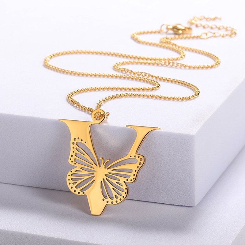 Kalung Huruf Kupu-Kupu Besar Dainty Warna Emas Untuk Wanita Gadis Perhiasan Rantai Stainless Steel Kalung Liontin Inisial