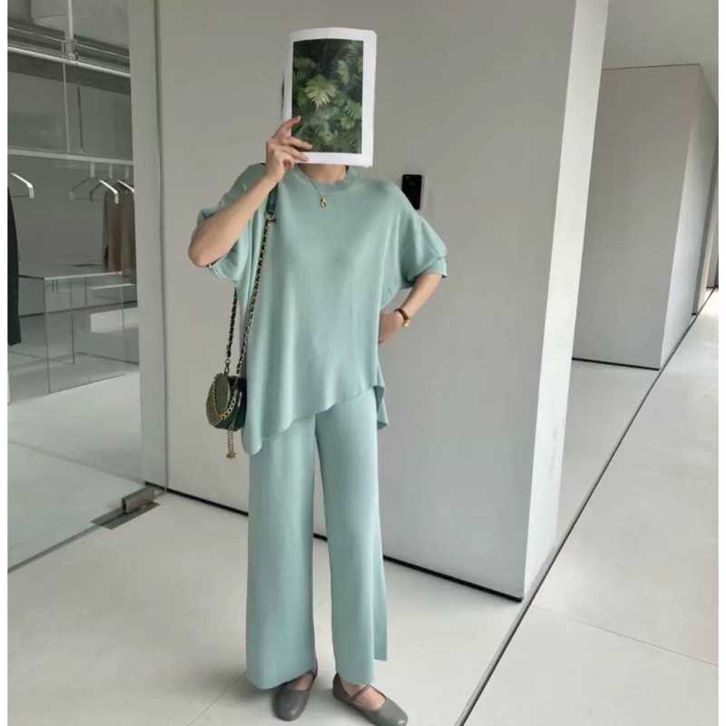 SET KNIT FIONA (BLOUSE + PANTS) ONE SET OVERSIZE  RAJUT TANGAN BALON ASIMETRIS KNIT NAGITA
