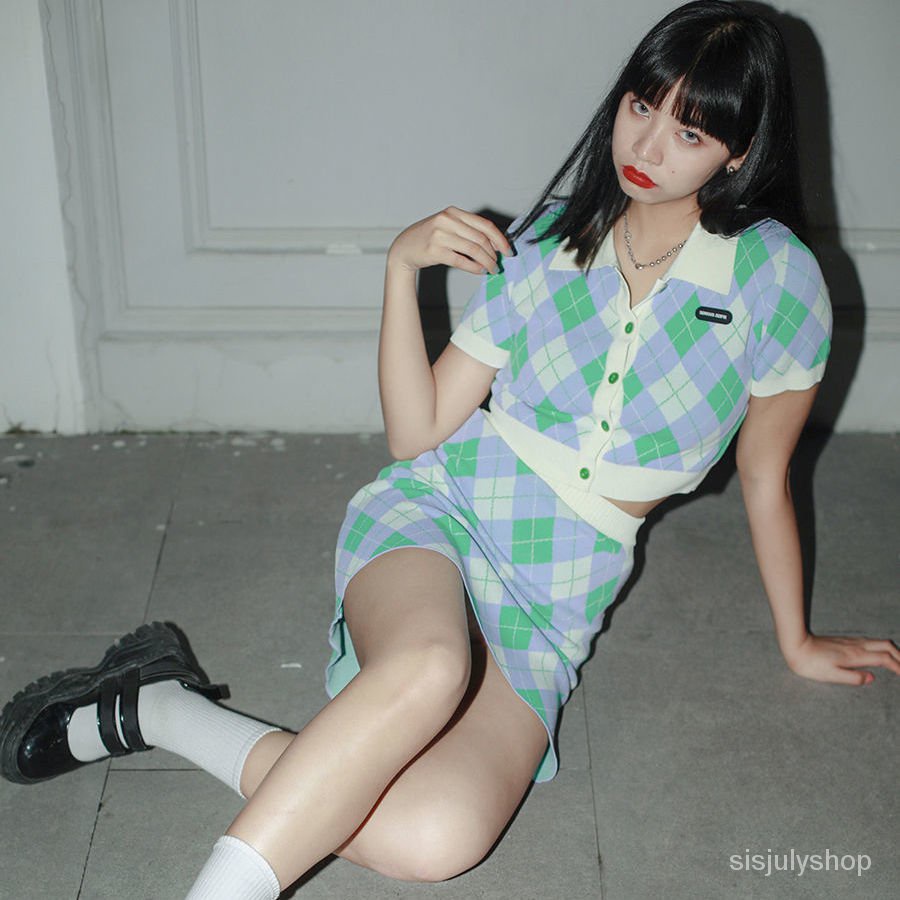 [✅BISA COD] #Sisjuly# Set rajutan kotak-kotak pendek sutra sutra polo leher es wanita dua potong rok