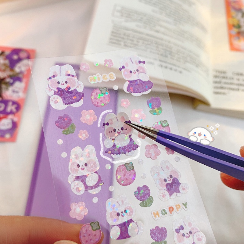 1lembar Kartun Lucu Laser Beruang Kelinci Stiker Shiny Kawaii Tahan Air Hias Decals Untuk DIY Scrapbooking Foto Jurnal Perlengkapan Alat Tulis Sekolah