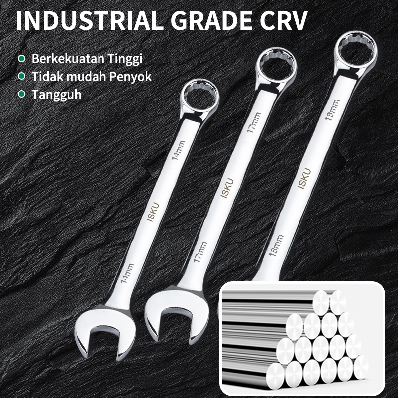 ISKU Kunci Ring Pas Set 8-24mm Mantap Combination Wrench Mirror Polished 11pcs/13Pcs Kunci Pas Tools