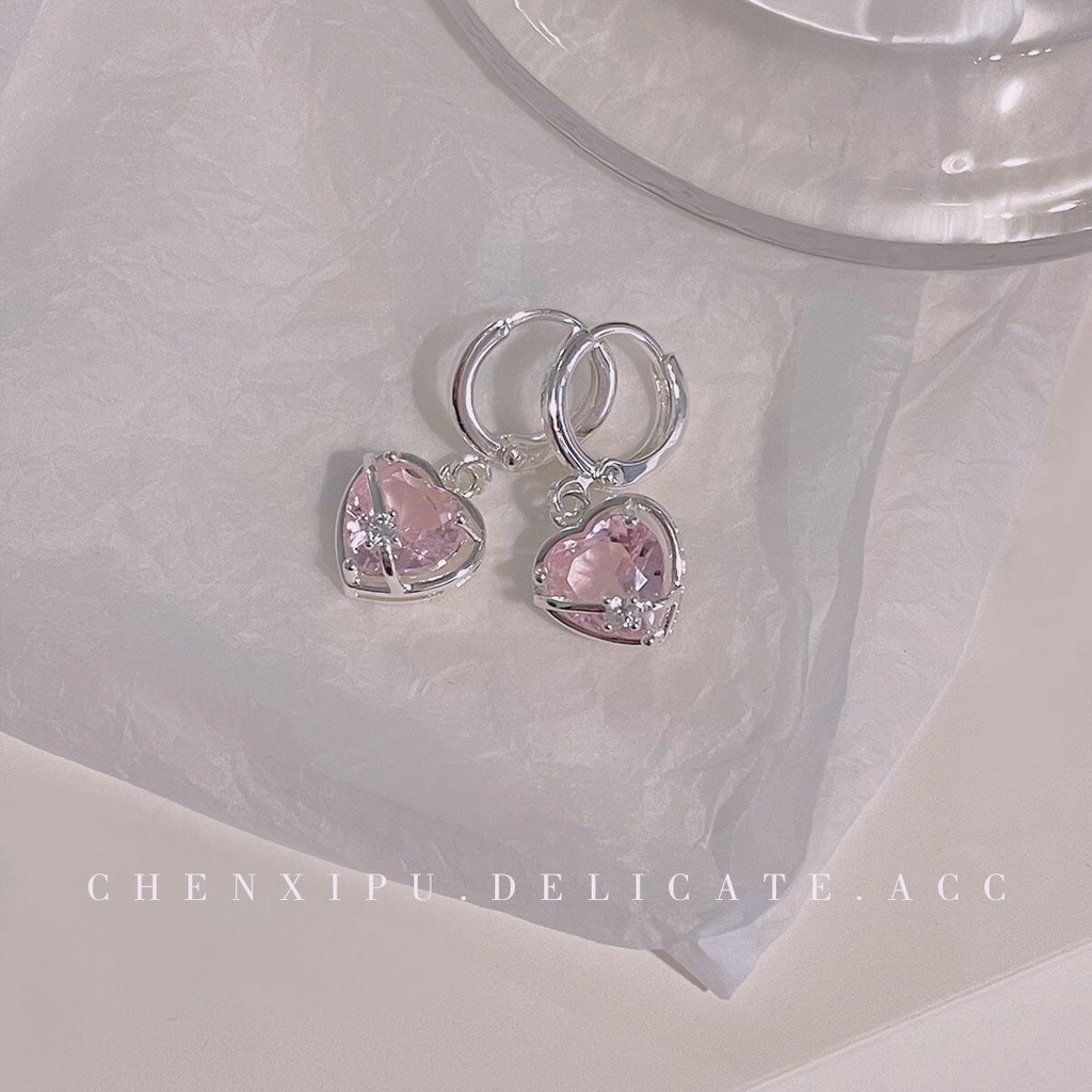 YEEZII Anting Hoop Zircon Pink Manis Elegan Anting Kristal Silver Untuk Aksesoris Perhiasan Wanita