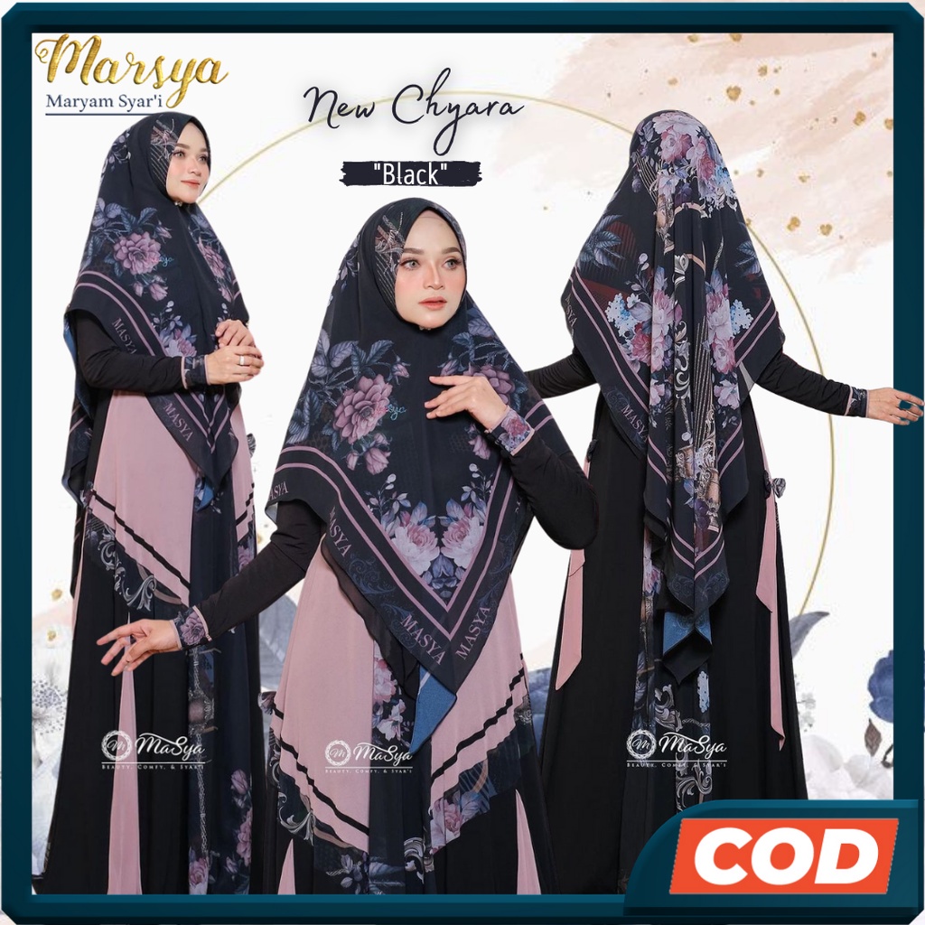 Terbaru syar'i Random - M Set Gamis Dress Ceruty Babydoll Syari Branded Printing Hitam - Black - Cre