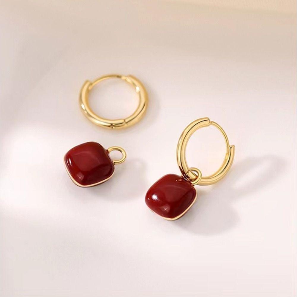 MXBEAUTY Anggur Merah Anting Rasa Mewah Manis Gaya Perancis Aksesoris Perhiasan Bentuk Cinta Persegi Wanita Hoop Earrings