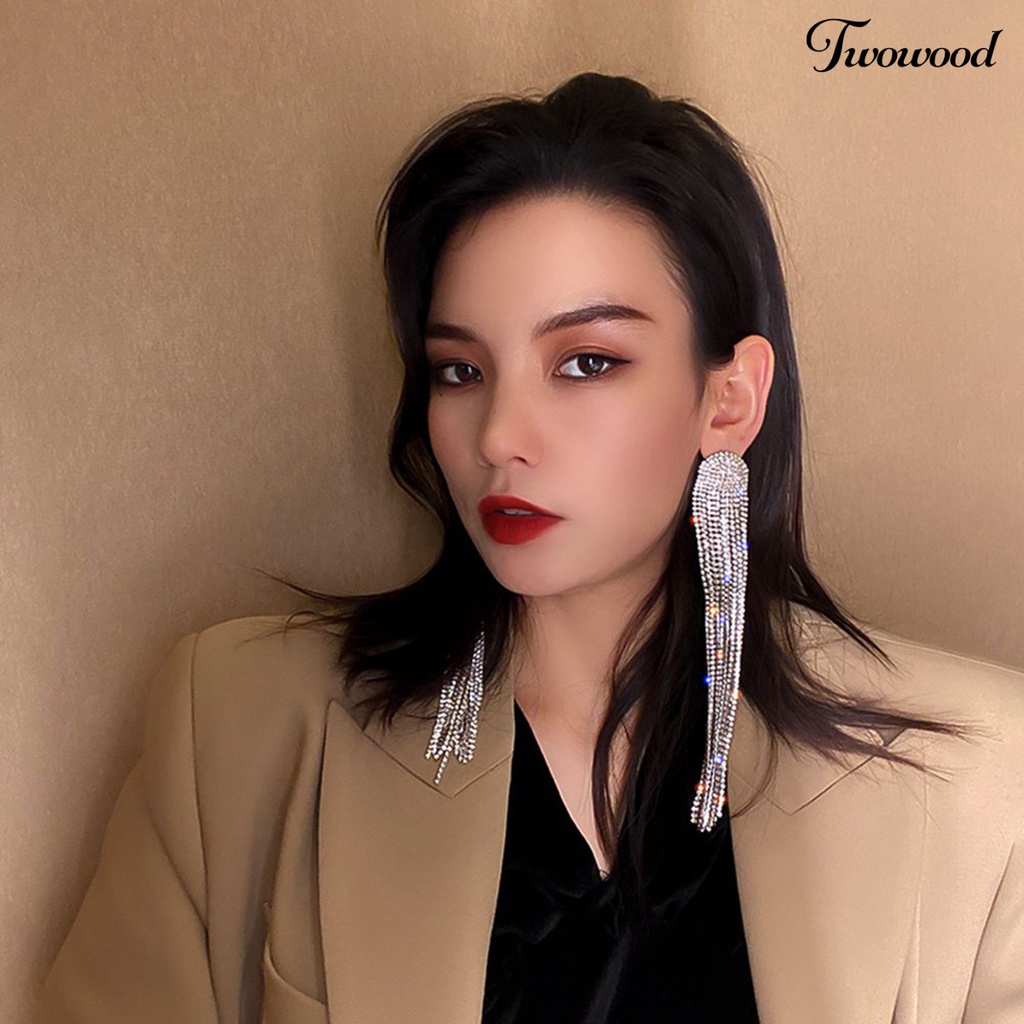 Twowood 1pasang Drop Earrings Shiny Panjang Rumbai Penuh Berlian Imitasi Temperamen Berkilau Berdandan Hadiah Wanita Menjuntai Anting Pesona Perhiasan Aksesori Busana