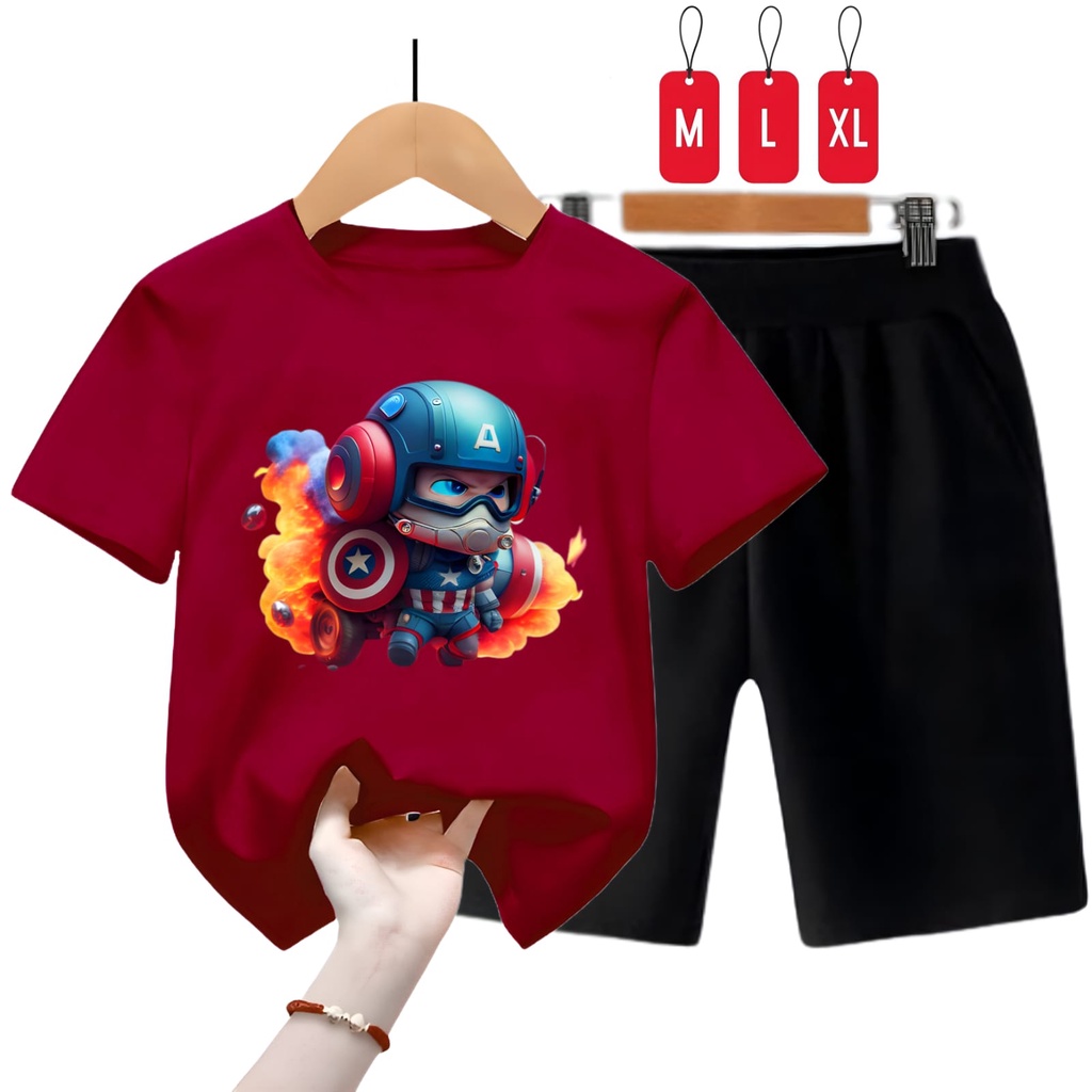 Hzl_outfit Kaos Setelan Anak Laki Laki Baby Captain America/ Setelan Kaos Anak Anak