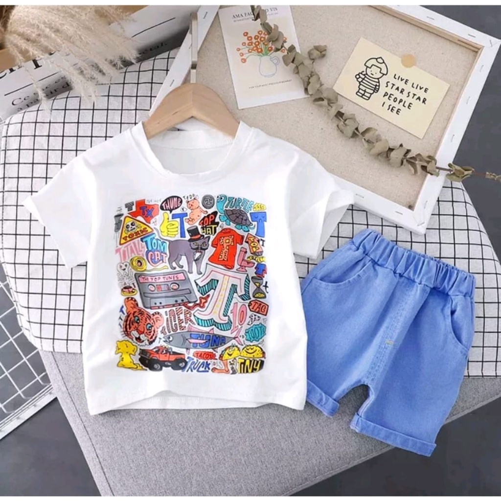 SETELAN TERBARU BAJU KAOS CELANA JEANS BAYI ANAK MOTIF TOMCAT DENIM USIA 1-5 TAHUN BEST QUALITY TERB