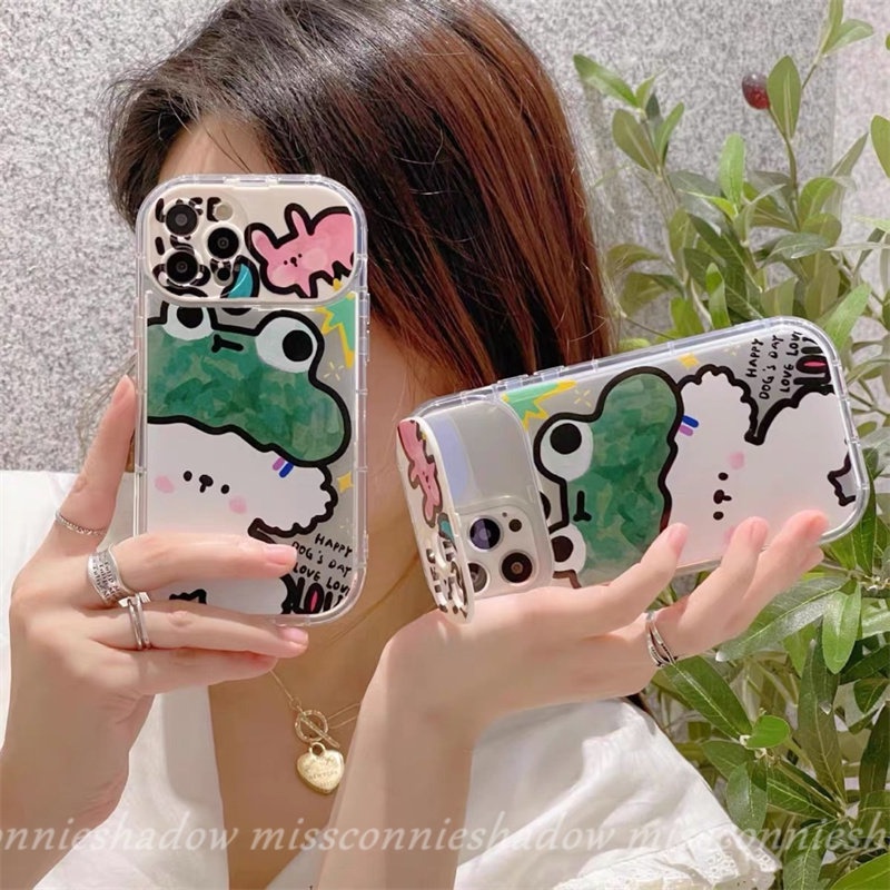 Flip Kreatif Make Up Mirror Case Kompatibel Untuk IPhone 14 Pro MAX 7Plus 8Plus XR 11 12 13 14 Pro MAX X XS MAX SE 2020 Graffiti Lucu Kartun Hewan Kodok Anjing Kelinci Soft Cover