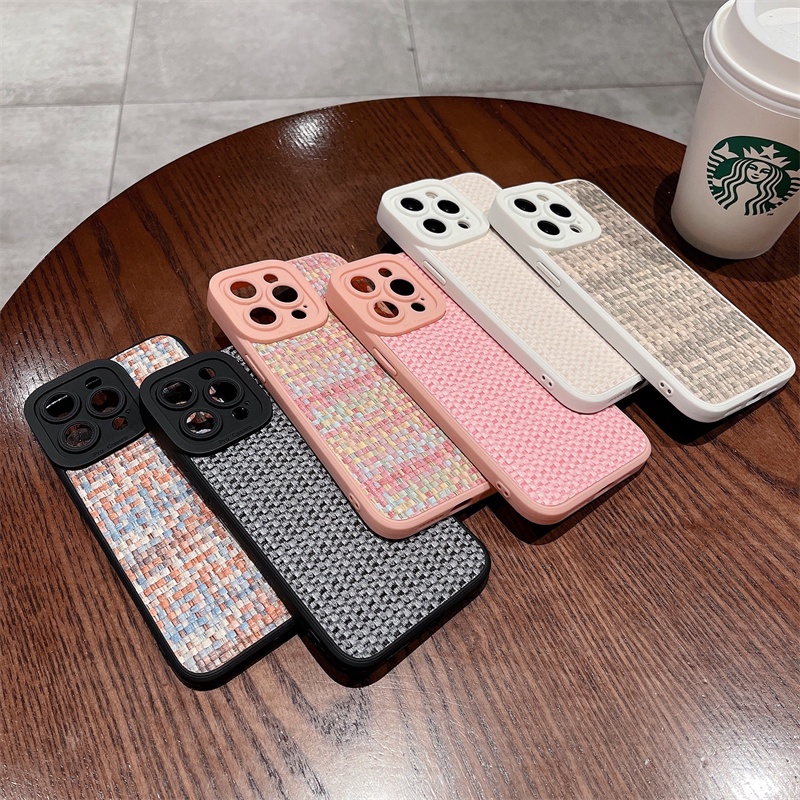 IPHONE Pola Kulit Anyaman Flat 3D Simple Cocok Untuk Phonecase Iphone11 12 13 14 Pro Max 7 8 Plus X XS XR XS Max Airbag Sarung Case Anti Jatuh