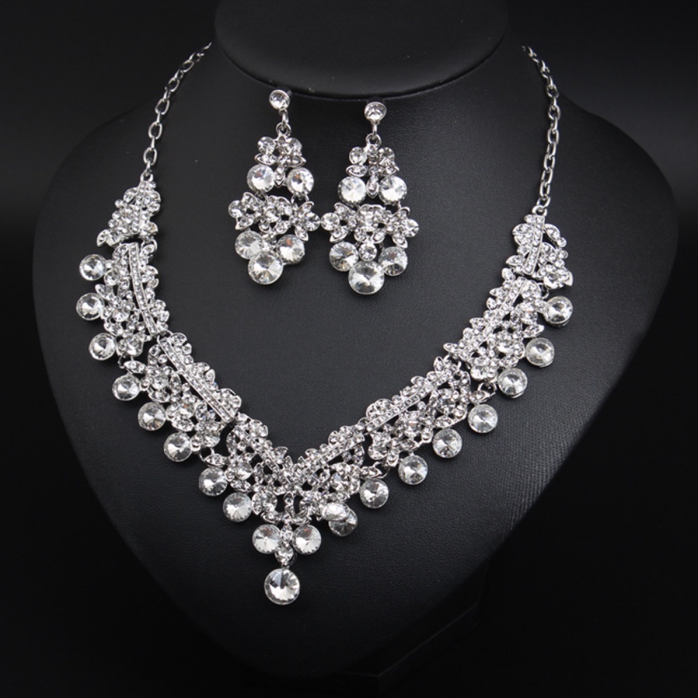 Deartiara Occidental Bridal Necklace Set Berlian Imitasi Kalung Telinga Giwang Anting Dua Set Aksesoris Pernikahan