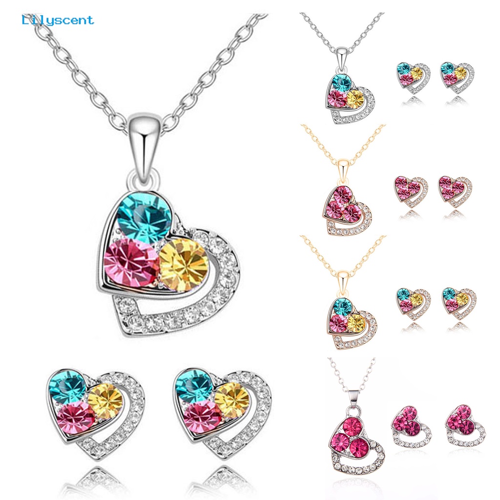 [LS] 1set Perhiasan Wanita Set Shiny Colorful Full Rhinestones Geometris Berkilau Hias Hadiah Anniversary Cinta Bentuk Hati Liontin Kalung Stud Anting Set Aksesori Fashion