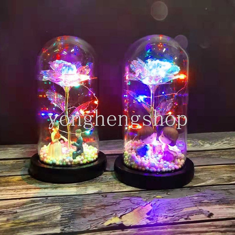 Kap Lampu Kaca Kreatif LED Foil Emas Ornamen Bunga Mawar Dengan Lampu Hari Valentine Hadiah Romantis Ulang Tahun Pernikahan Anniversary Birthday Gift