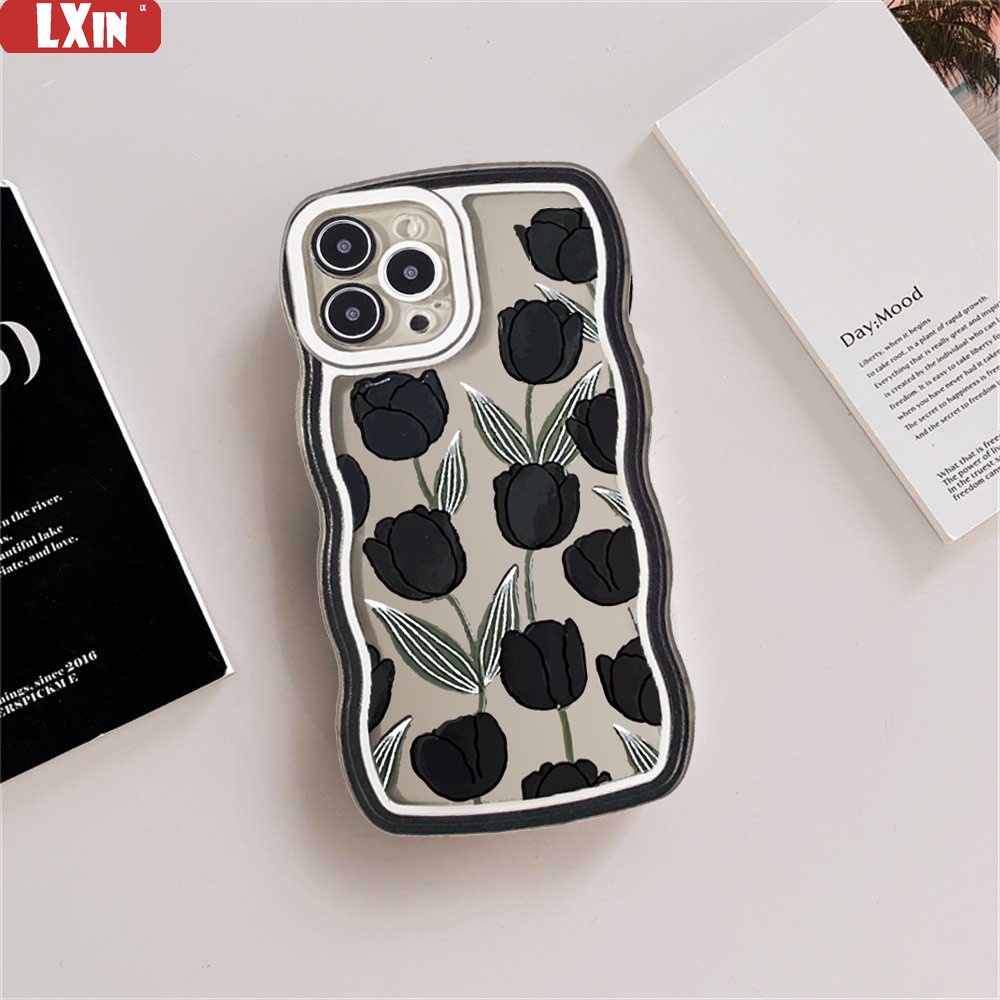 IPHONE Casing Tulip Hitam Untuk Iphone14 14 Pro MAX IPhone13 Pro MAX 11PRO 11PRO MAX 12 12Pro MAX XR XS MAX 6 6S 7 8 Plus SE 2020 Wave Edge TPU Phone Case Cover