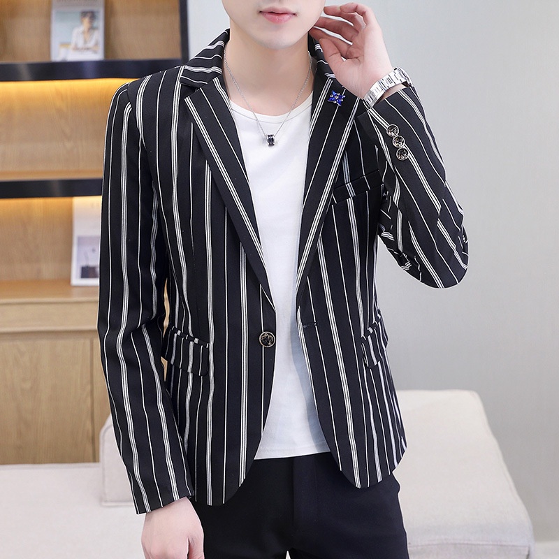 Blazer Pria 2021   Slim Fit  Pria   Korea Tren Garis-garis Kecil Kasual  Pria  Hitam