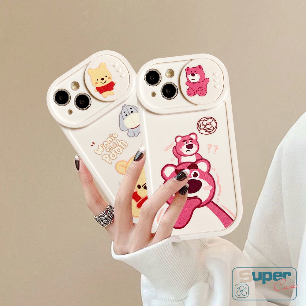 Kartun Manyo Strawberry Bear Winnie the Pooh Couple Case Kompatibel Untuk IPhone 7plus 11 13 12 Pro Max7 8 Plus XR X XS MAX Lembut TPU Silicon Pull Push Window Penutup Pelindung Kamera