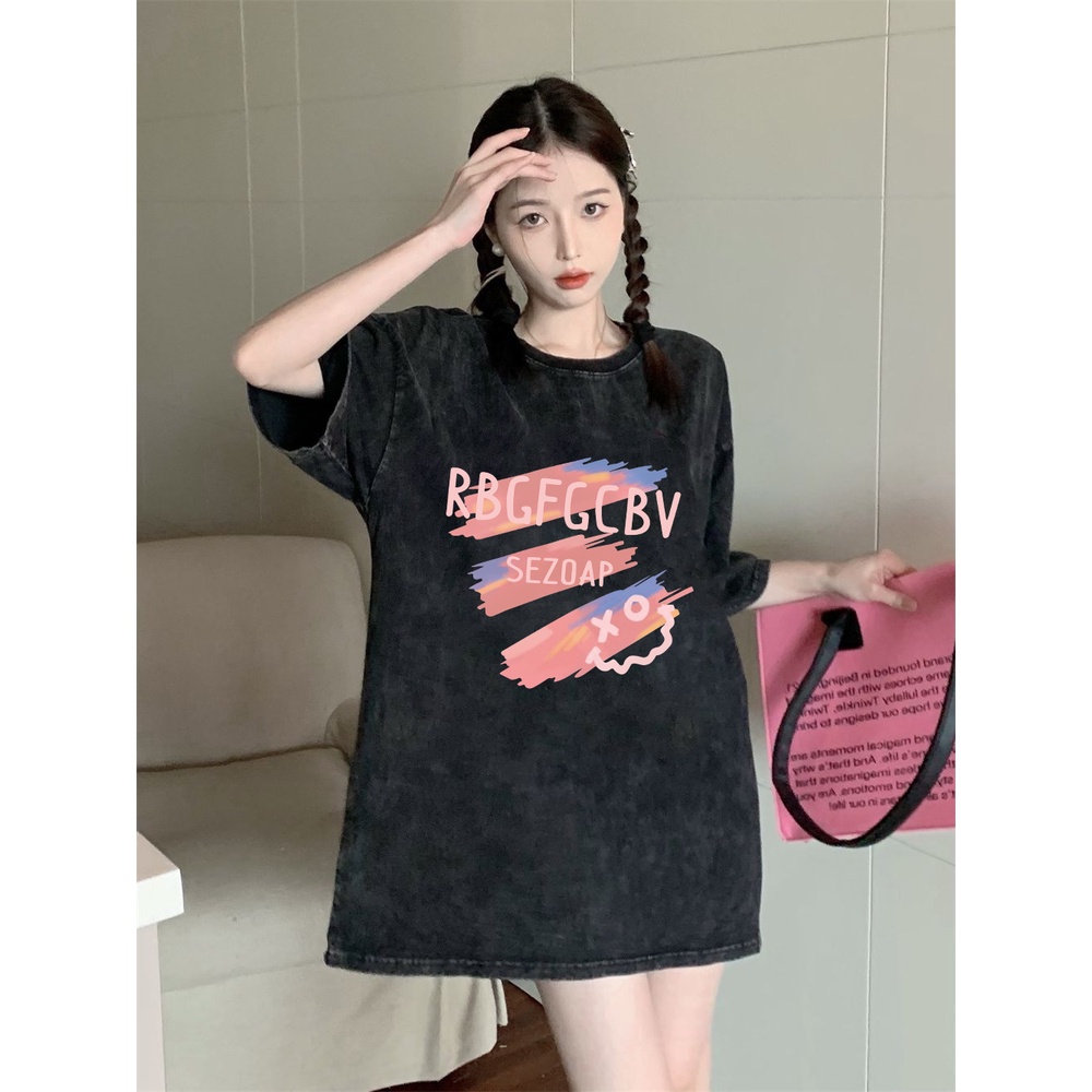 XIAOZHAINV Korean Style Letter Graffiti Pattern Washed Printing Kaos Wanita