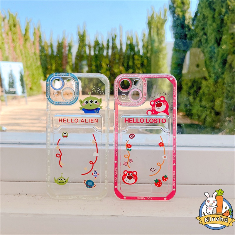 Case Tas Kartu Bening Kompatibel Untuk Iphone14 13 12 11 Pro Max X Xr Xs Max SE iPhone 8 7 6 6s Plus Strawberry Bear Kreatif Dompet Slot Card Holder Phone Case Anti Jatuh Soft Cover