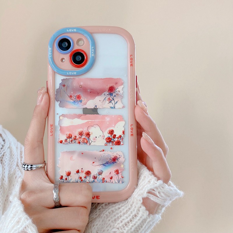 1PC Cute Rose Flower Bunny Puff Case IPhone 11 12 13 14 Pro Max Soft Phone Case Lovely Girl Women's Fashion Pink Casing Hp