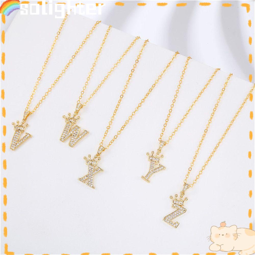 Kalung Mahkota SOLIGHTER Fashion Wanita Lapis Emas 18K Inisial 26huruf