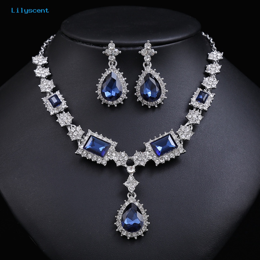 [LS] 2pcs/set Kalung Anting Set Kristal Imitasi Geometris Pernikahan Perhiasan Pengantin Temperamen Indah Berlian Imitasi Drop Earrings Kalung Hadiah Anniversary