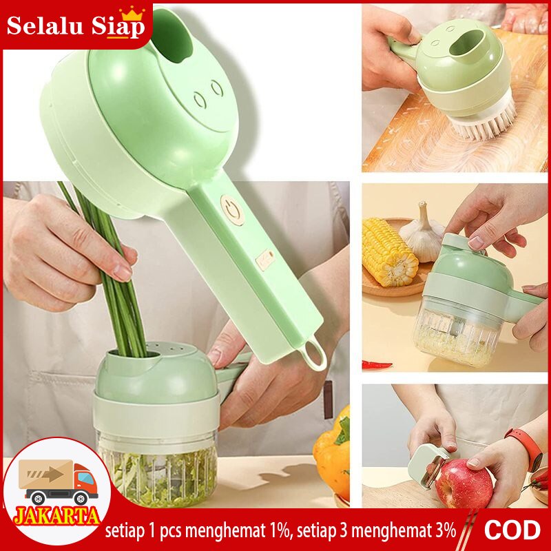 Set Alat 4 in 1 Pemotong Sayuran Elektrik Mini Wireless Rechargerable Pemotong Penghancur Peeler dan Brush