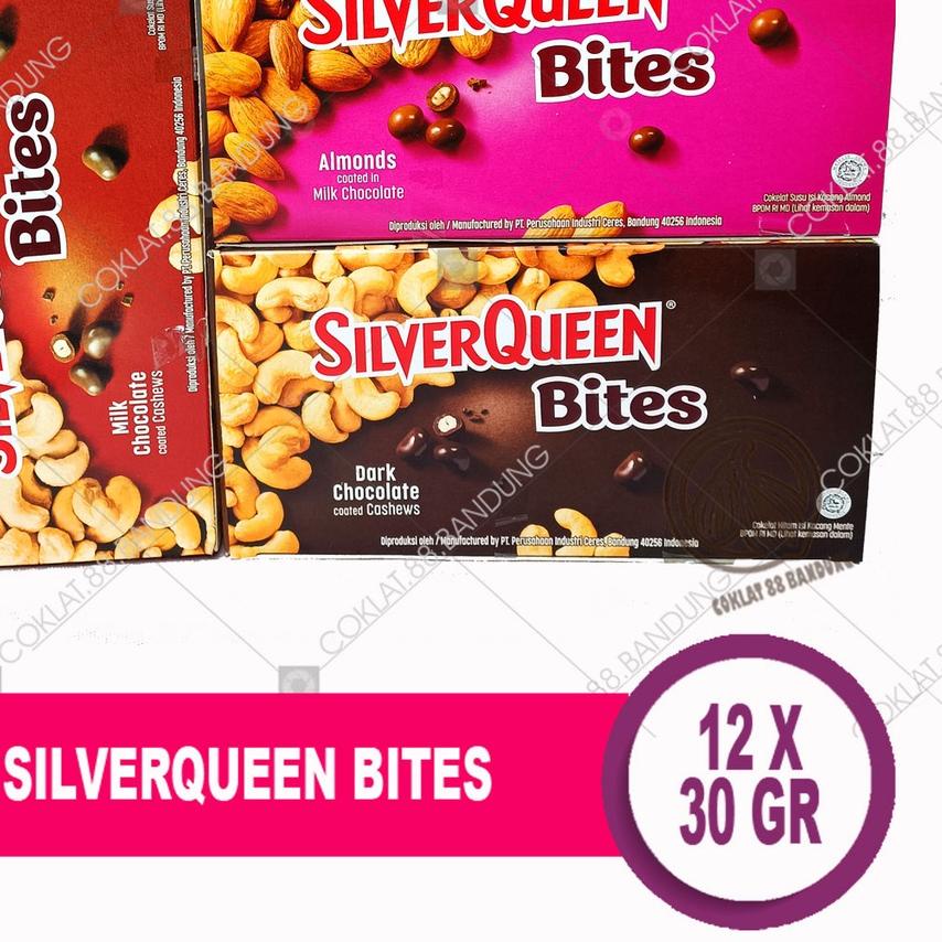 

♠ SILVERQUEEN BITES 30 GR/GRAM BOX ISI 12 PCS EX 35GR, COKELAT SILVER QUEEN BITES ALMOND MILK COKLAT DARK CASHEW 12 x 30gr ❄
