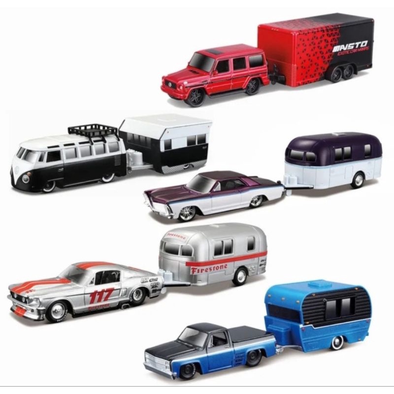 Maisto Design Tow &amp; Go Diecast Miniatur Mobil Volkswagen Van Mercedes Benz Chevrolet Silverado Ford F150 Porsche Cayenne Car Trailer Die-cast  Mobil Skala 1:64