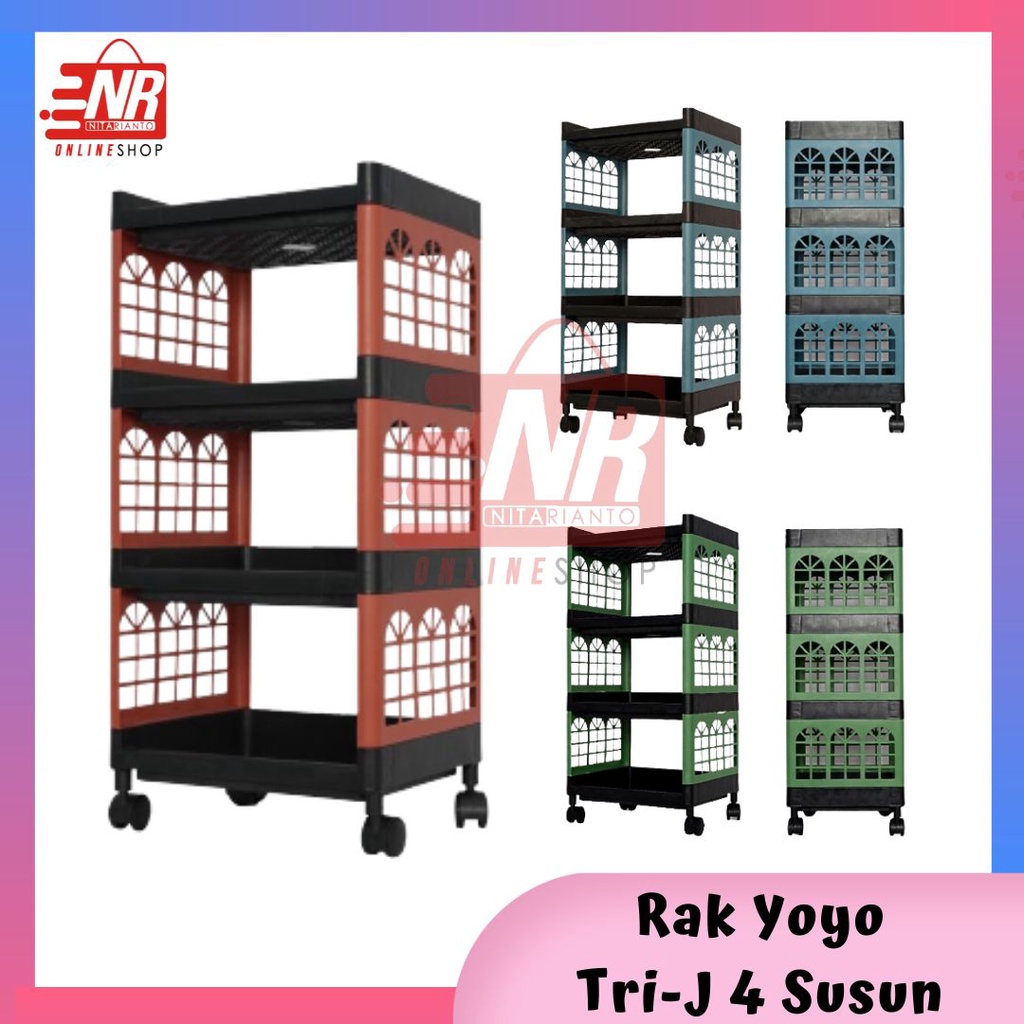 Rak Yoyo Serbaguna Susun 4 Tri-j - Rak Apartemen - Rak Plastik 4 Susun + Roda - Rak Dapur - Rak Elco