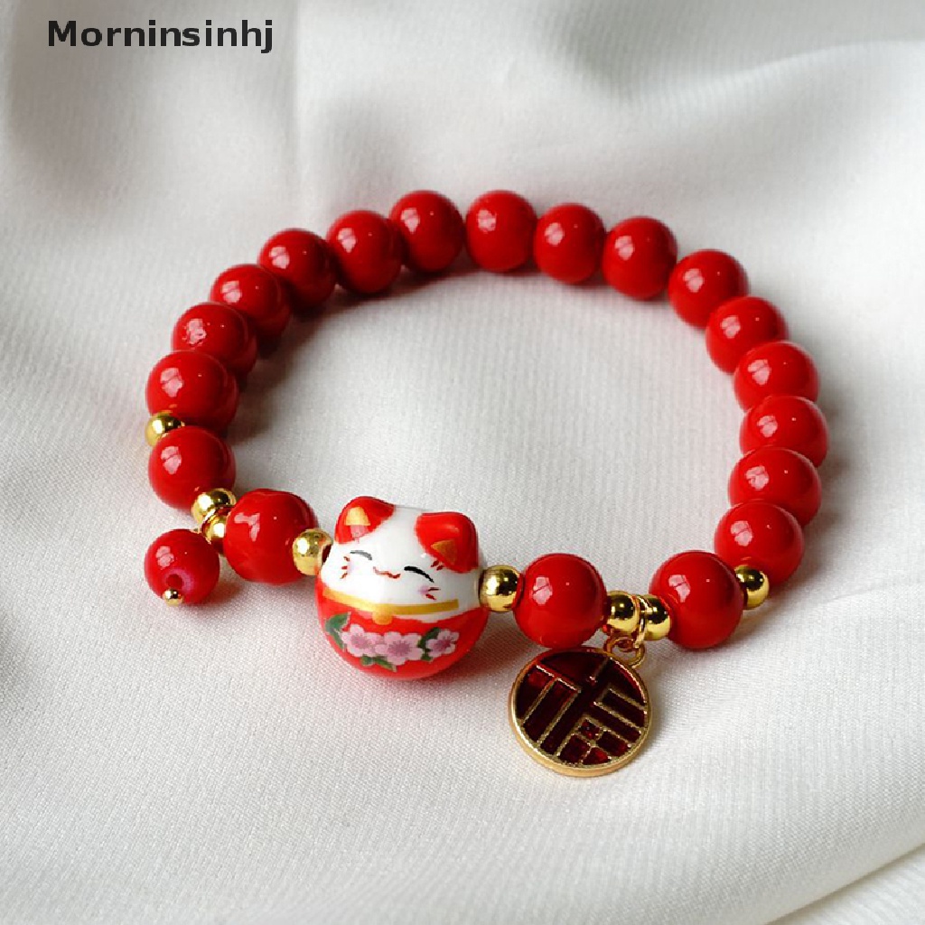 Mornin Red Beads Ceramic Bracelet Gelang Tangan Anyaman Tali Manik Plutus Kucing Stretch id