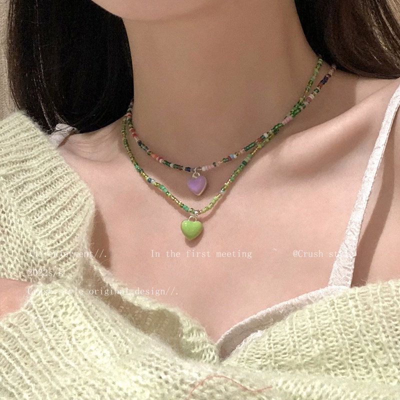 Roselife Bohemia Permen Warna-Warni Manik-Manik 3D Cinta Hati Liontin Choker Untuk Wanita Gadis Korea Rainbow Manik-Manik Tulang Selangka Rantai Kalung Perhiasan Hadiah