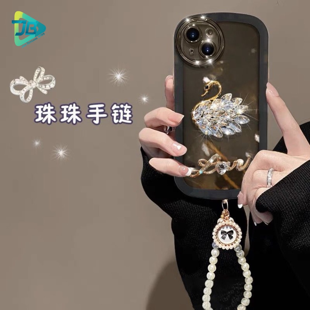 GC14 SOFTCASE OVAL DIAMOND SWAN LANYARD FOR IPHONE 7 8 7+ 8+ X XS XR XS MAX 11 12 13 14 PRO MAX 14 PLUS 14 MAX JB7012