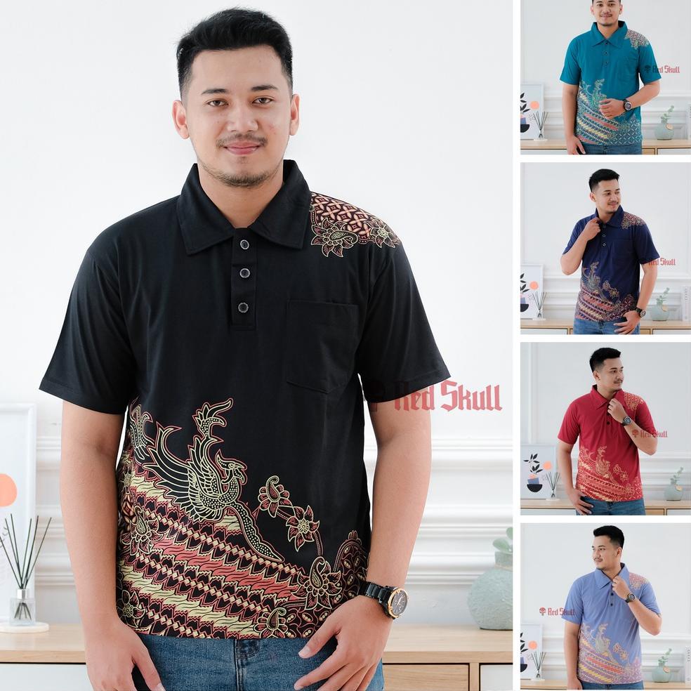TERLARIS RED SKULL Kaos Kerah Polo Katun Batik Burung Batik Solo Ada Kantong