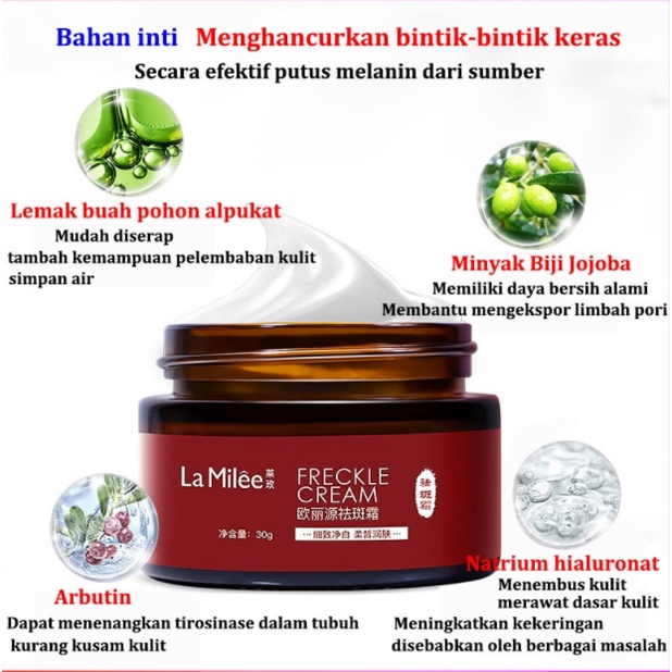 30g Krim bintik La Milee  yang mudah digunakan dirancang untuk menghilangkan chloasma, flek, flek hitam, bintik, jerawat di wajah, dan membersihkan noda di wajah secara mendalam tanpa melukai kulit.
