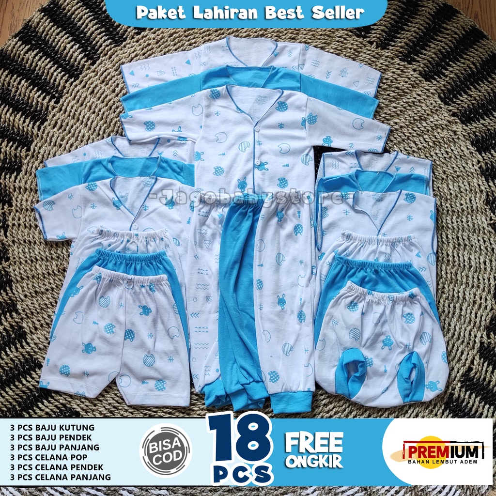 18 Pcs Baju Bayi Lembut Adem Motif Biru Muda Paket Lahiran Newborn