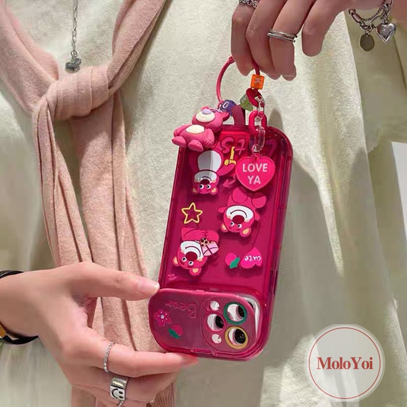 IPHONE Case Manyo Beruang Strawberry Kartun Lucu Kompatibel Untuk Iphone11 14 12 13 Pro MAX XR 7 8 14 Plus X XS MAX SE 2020 Flip Make Up Cermin Shockproof Soft Case