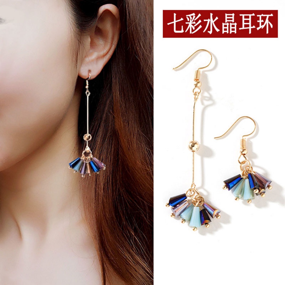 Deartiara Jepang Dan Korea Selatan Fashion Anting Rumbai Asimetris Panjang Temperamen Anting Kristal Imitasi Serbaguna